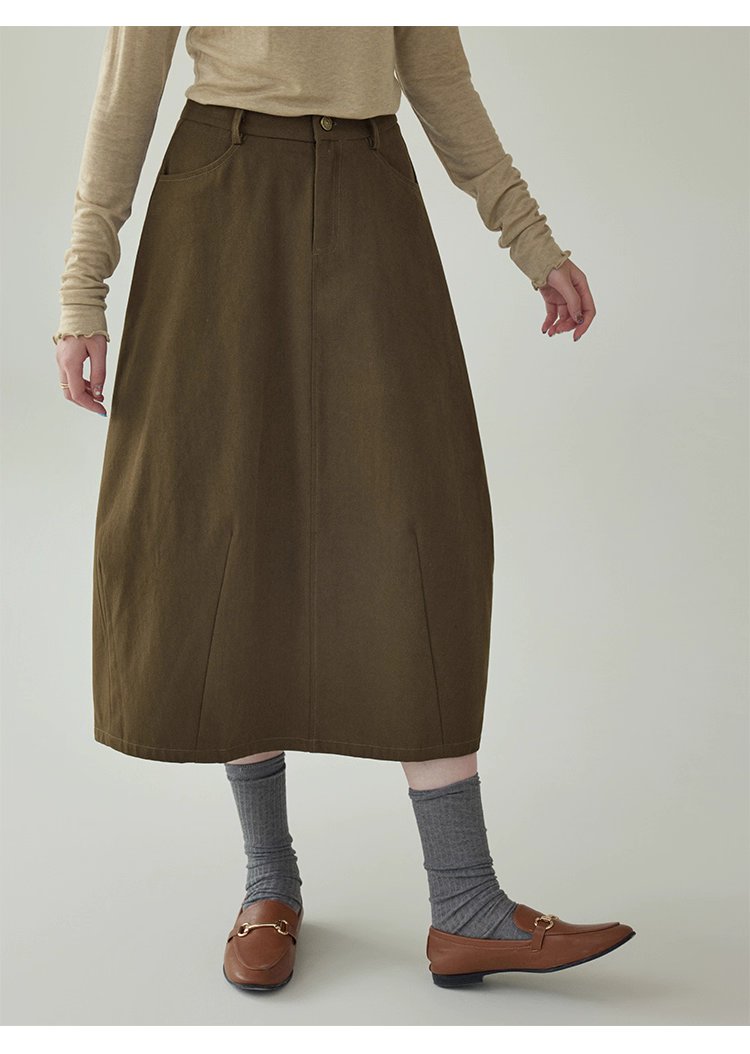 復古純色a字純棉半身裙女秋季新款後鬆緊花苞裙