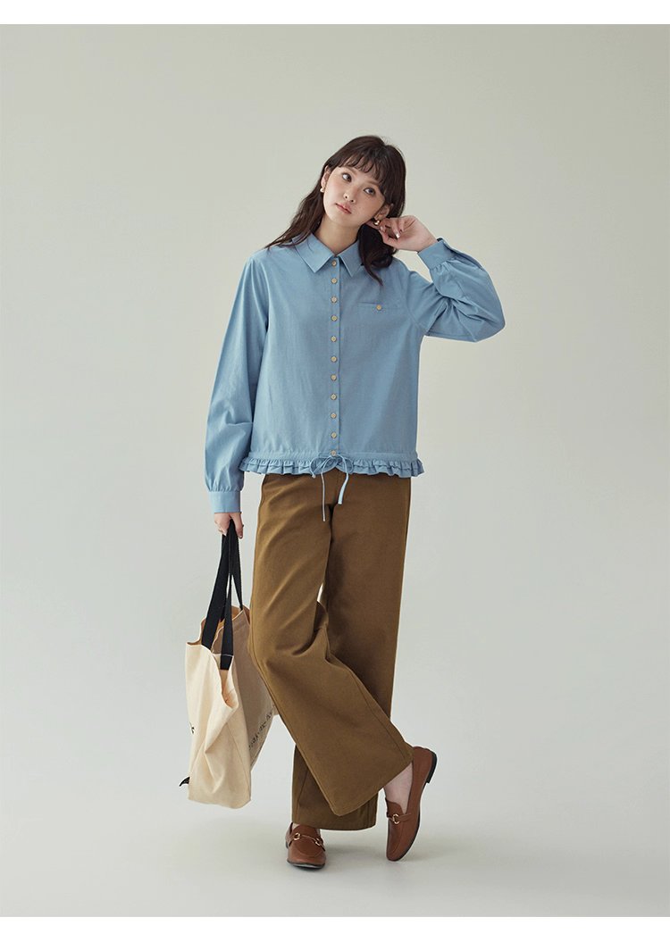 藍色花邊下擺抽繩襯衫女秋季新款單排扣長袖上衣,藍色花邊下擺抽繩襯衫女秋季新款單排扣長袖上衣,HBEW1103,藍色花邊下擺抽繩襯衫女秋季新款單排扣長袖上衣,翻領排扣,天絲混棉