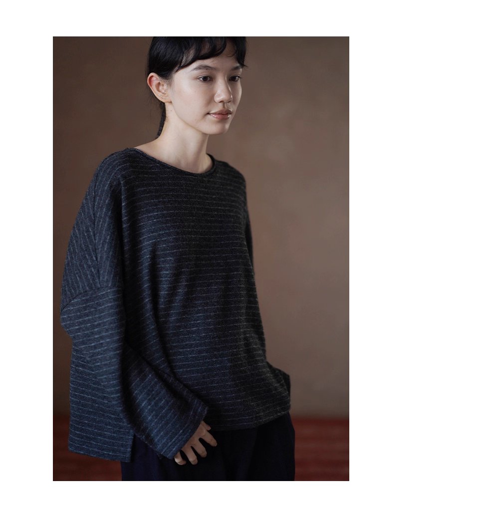 圖紙黑灰白條紋長袖軟糯羊毛混紡基礎寬鬆落肩顯瘦T恤女