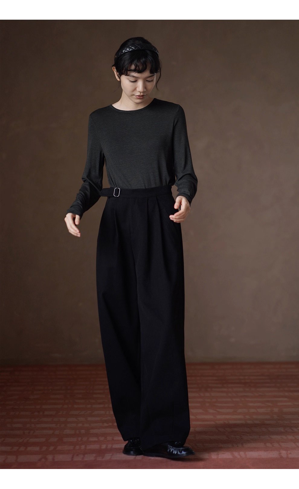 低調霧面紗卡品質長褲可調式褲袢高腰寬鬆顯瘦直筒褲女