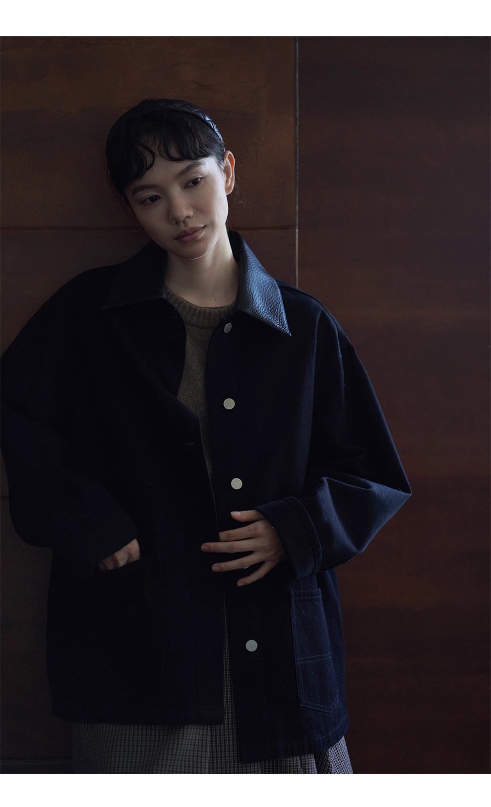 小眾拼接皮領100棉挺括水洗牛仔服一手長顯瘦寬鬆外套女