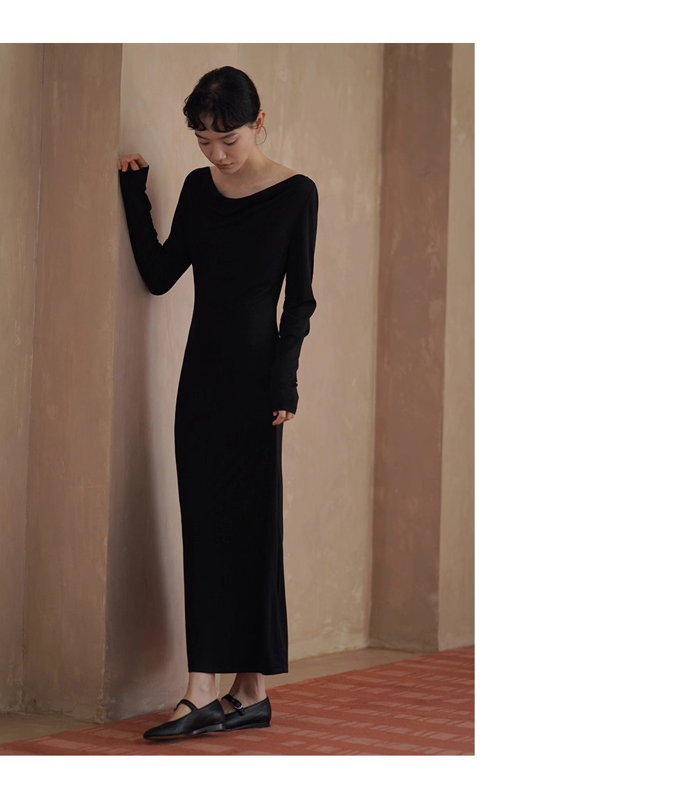 進階優雅巨顯瘦氣質蕩領彈性合身洋裝通勤長裙女