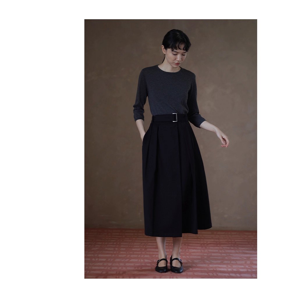 簡約法式高腰中長A字顯瘦通勤不挑人百褶腰帶半身裙女