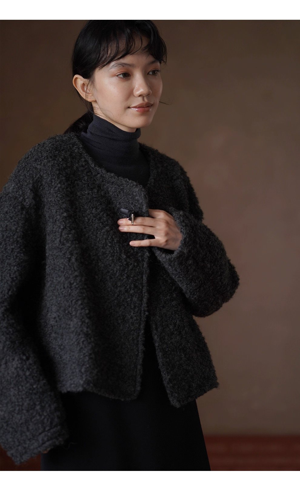 費城外套蓬鬆羊毛圈毛呢料輪廓皮袢圓領通勤顯瘦大衣