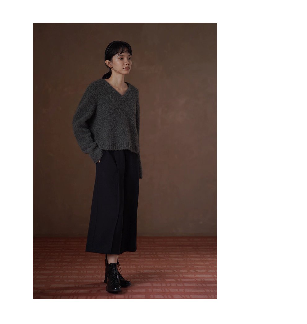 溫柔蓬鬆雜花灰毛衣馬海毛綿羊毛混紡寬鬆V領落肩上衣女