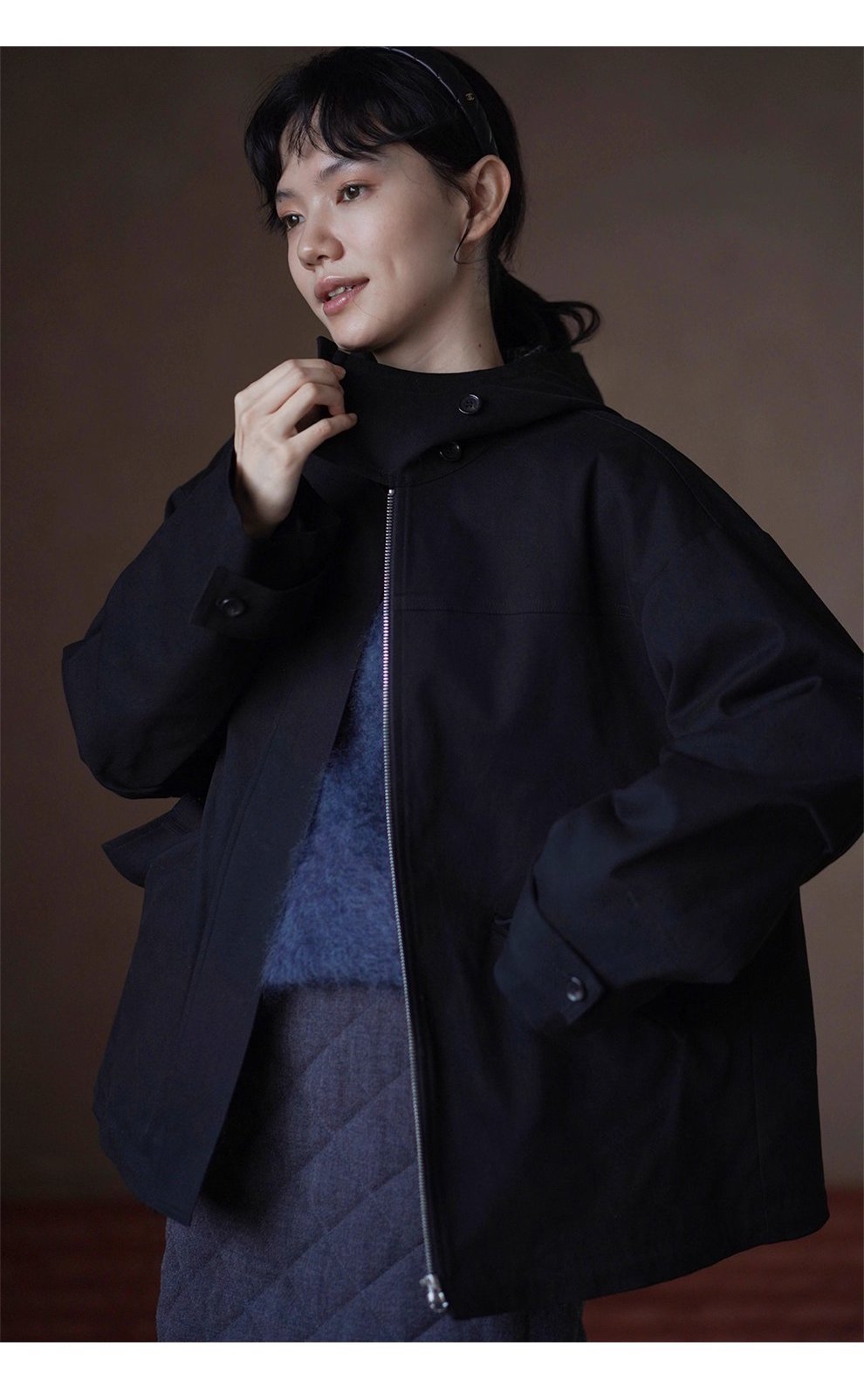 英倫學院撞色格紋連帽搖粒絨內裡加厚一手長夾克外套女