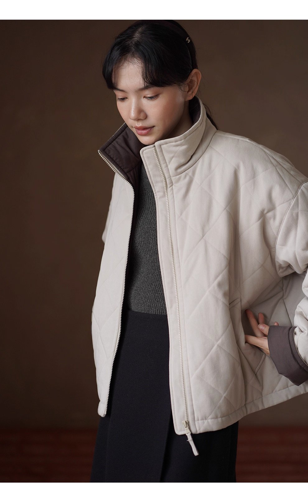 從容冬日保暖棉服立領廓形菱格絎線夾棉撞色顯瘦外套女