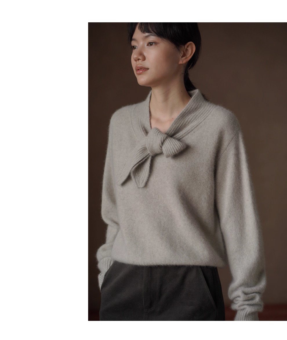 靜謐月光羊毛柔和混紡紗線領結設計感坑條顯瘦寬鬆毛衣