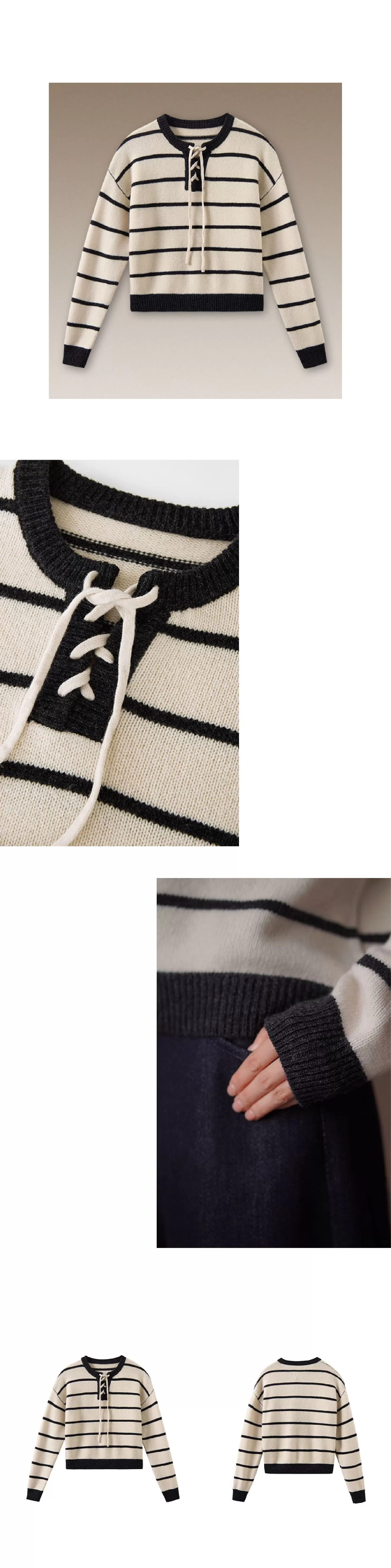 復古水手條紋上衣軟糯100羊毛綁帶門襟設計寬鬆顯瘦毛衣