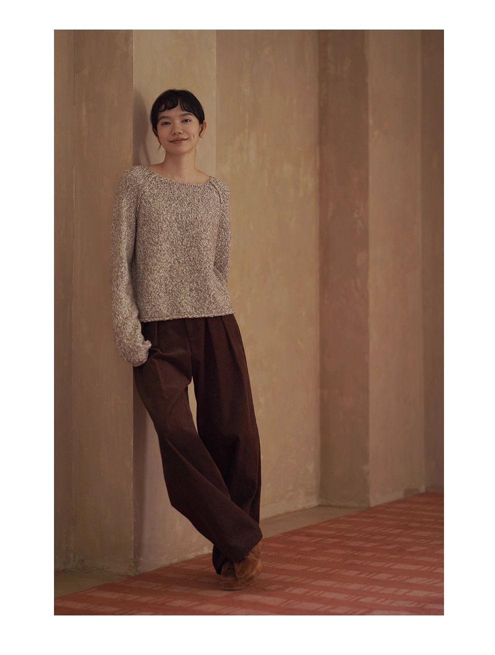 拉花肌理感雜色羊毛豆豆紗寬鬆顯瘦船領休閒捲邊毛衣女