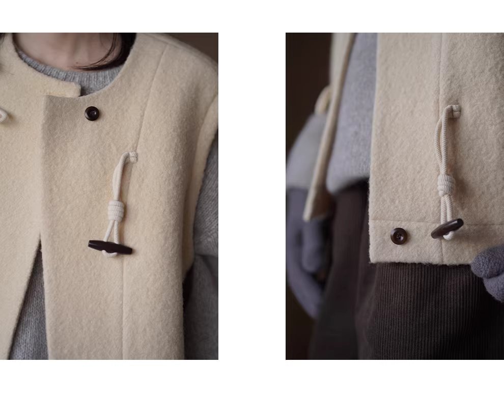 100綿羊毛顆粒肌理感牛角扣馬甲休閒寬鬆疊穿絎棉呢外套,100綿羊毛顆粒肌理感牛角扣馬甲休閒寬鬆疊穿絎棉呢外套,HBEW5100,100綿羊毛顆粒肌理感牛角扣馬甲休閒寬鬆疊穿絎棉呢外套,牛角排扣,羊毛100%