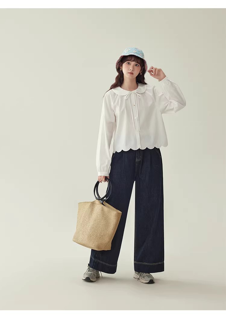 少女感蕾絲娃娃領襯衫女25冬季新款白色長袖上衣,HBEW1142,少女感蕾絲娃娃領襯衫女25冬季新款白色長袖上衣,娃娃領,花瓣衣襬,細節滿分