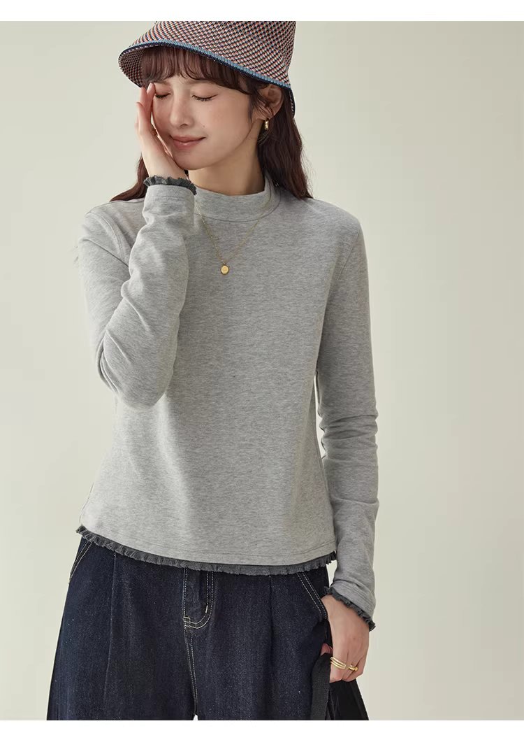 拼接螺紋邊半高領厚T恤女冬季新款灰色內搭上衣,拼接螺紋邊半高領厚T恤女冬季新款灰色內搭上衣,HBEW1143,拼接螺紋邊半高領厚T恤女冬季新款灰色內搭上衣,半高領,舒適面料