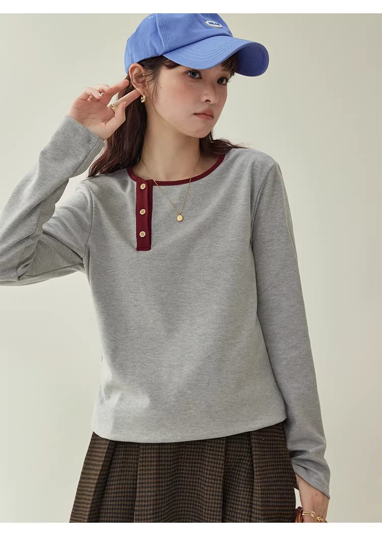 撞色斜領內搭長袖T恤女25冬季新款簡約寬鬆上衣,撞色斜領內搭長袖T恤女25冬季新款簡約寬鬆上衣,HBEW1145,撞色斜領內搭長袖T恤女25冬季新款簡約寬鬆上衣,側排扣,舒適面料