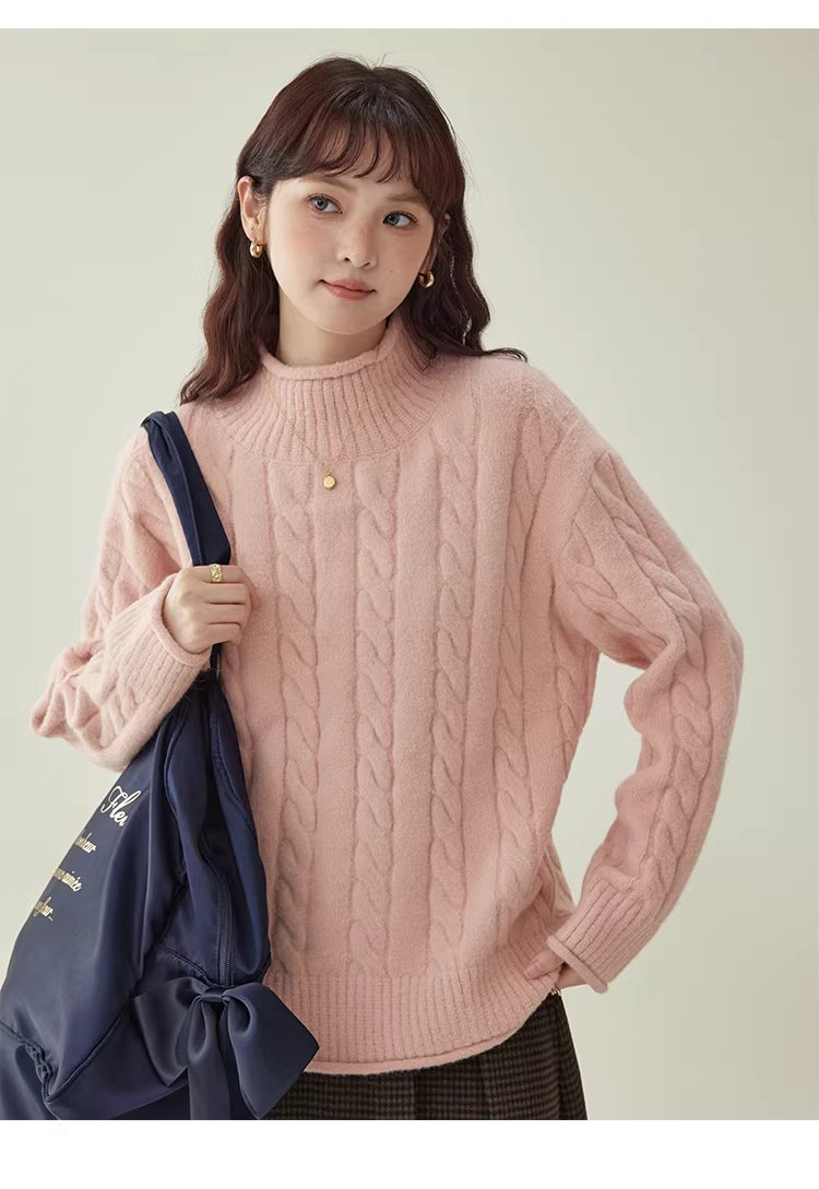 減齡粉紅高領麻花毛衣女25冬季新款捲邊長袖上衣,減齡粉紅高領麻花毛衣女25冬季新款捲邊長袖上衣,HBEW1146,減齡粉紅高領麻花毛衣女25冬季新款捲邊長袖上衣,高領毛衣,麻花針織