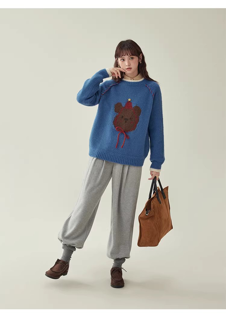 克萊因藍圓領羊毛長袖小熊毛衣女冬新款寬鬆減齡上衣,克萊因藍圓領羊毛長袖小熊毛衣女冬新款寬鬆減齡上衣,HBEW1148,克萊因藍圓領羊毛長袖小熊毛衣女冬新款寬鬆減齡上衣,童趣針織,羊毛混紡