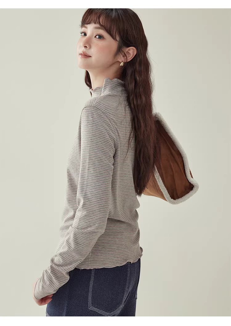 花邊半高領內搭T恤女冬季新款百搭條紋長袖上衣,花邊半高領內搭T恤女冬季新款百搭條紋長袖上衣,HBEW1153,花邊半高領內搭T恤女冬季新款百搭條紋長袖上衣,木耳邊,條紋造型