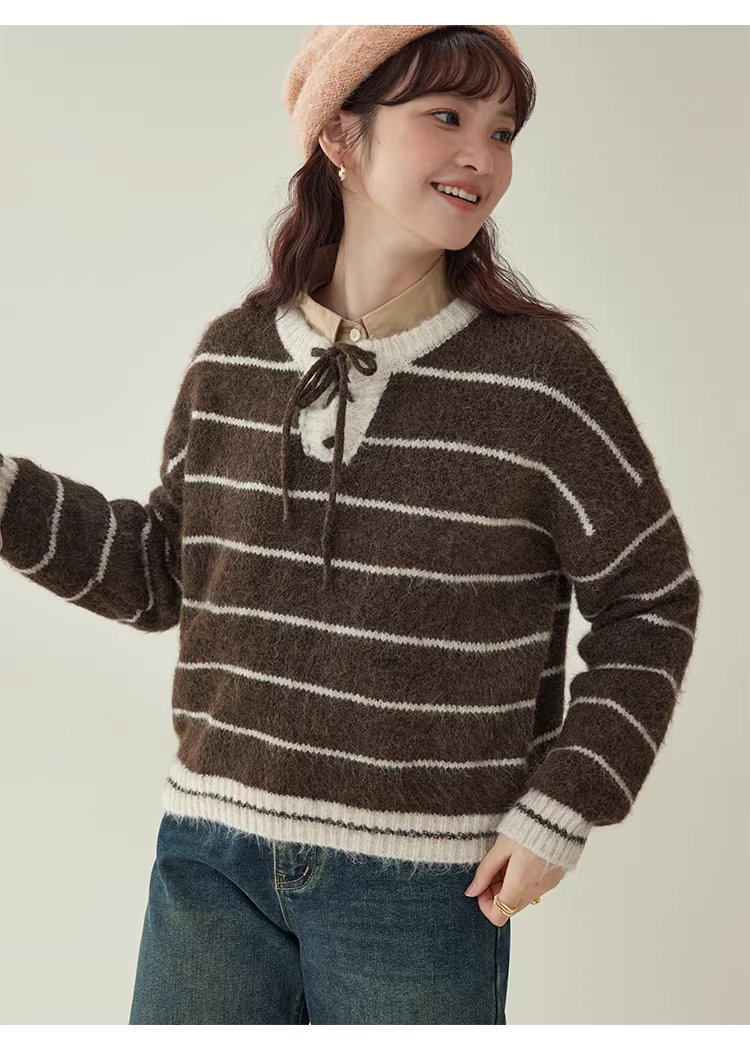 撞色條紋綁帶圓領羊毛毛衣女冬季新款甜美落肩袖上衣,撞色條紋綁帶圓領羊毛毛衣女冬季新款甜美落肩袖上衣,HBEW1155,撞色條紋綁帶圓領羊毛毛衣女冬季新款甜美落肩袖上衣,綁帶衣領,羊毛混紡
