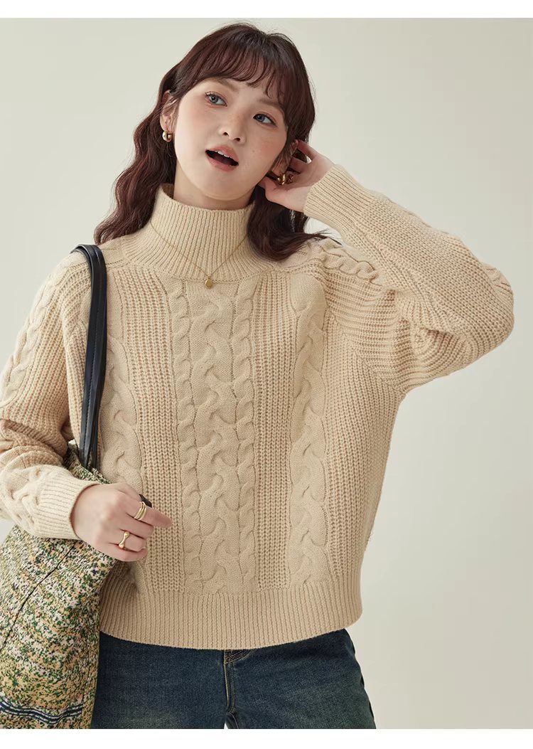 韓系杏色麻花高領毛衣女25冬季新款寬鬆長袖上衣,韓系杏色麻花高領毛衣女25冬季新款寬鬆長袖上衣,HBEW1156,韓系杏色麻花高領毛衣女25冬季新款寬鬆長袖上衣,高領毛衣,麻花針織