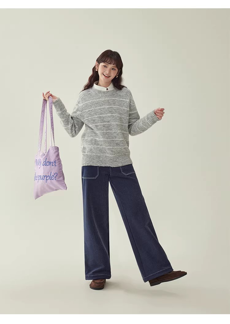 日繫條紋長袖羊毛絨毛衣女冬季新款通勤寬鬆上衣,日繫條紋長袖羊毛絨毛衣女冬季新款通勤寬鬆上衣,HBEW1158,日繫條紋長袖羊毛絨毛衣女冬季新款通勤寬鬆上衣,日系清新,羊毛混紡