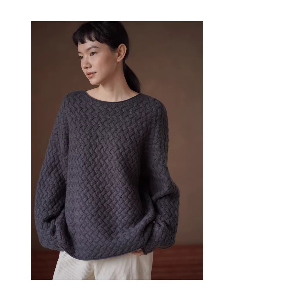 慵懶鬆弛立體編織提花肌理柔軟100羊毛寬鬆顯瘦圓領毛衣,慵懶鬆弛立體編織提花肌理柔軟100羊毛寬鬆顯瘦圓領毛衣,HBEW1165,慵懶鬆弛立體編織提花肌理柔軟100羊毛寬鬆顯瘦圓領毛衣,立體編織,羊毛100%