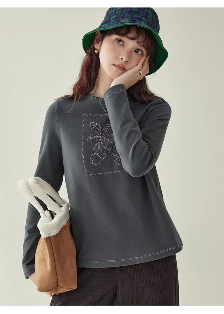 設計感磨毛繡花厚T恤女冬新款花邊圓領長袖上衣,設計感磨毛繡花厚T恤女冬新款花邊圓領長袖上衣,HBEW1184,設計感磨毛繡花厚T恤女冬新款花邊圓領長袖上衣,刺繡細節,磨毛面料