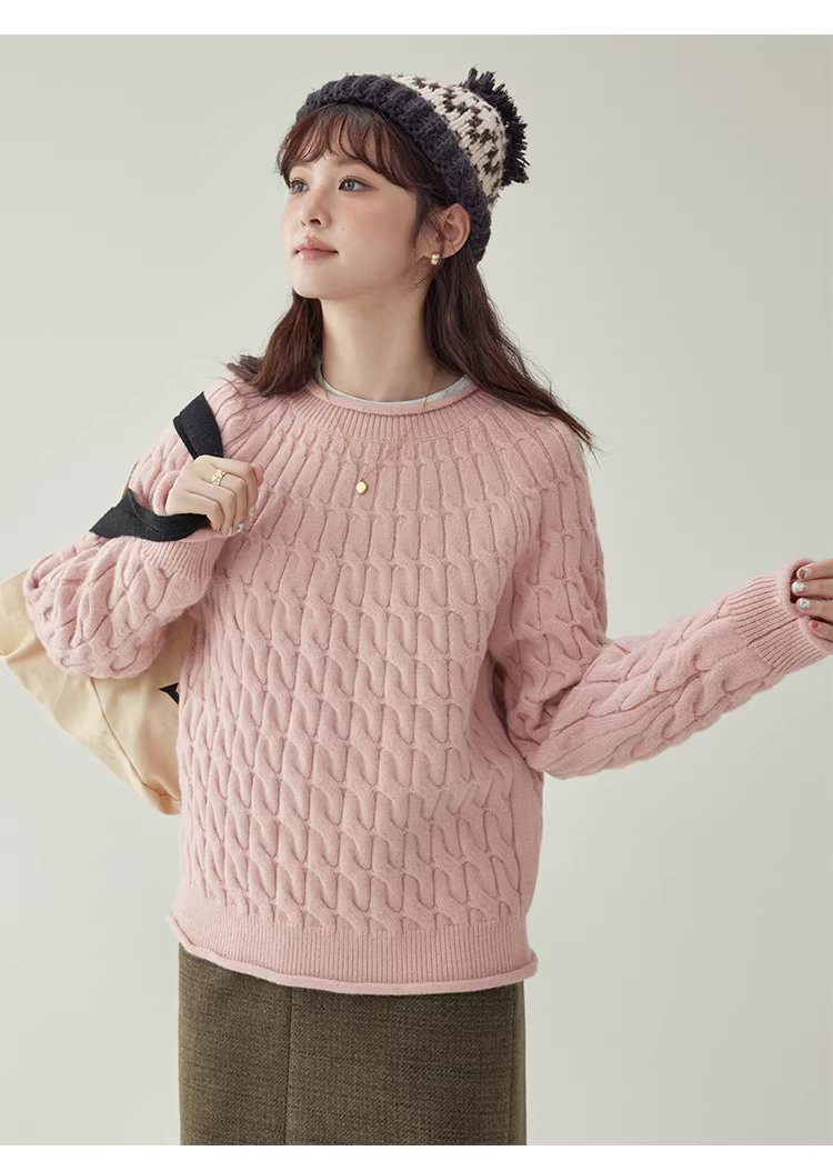 粉紅扭花捲邊長袖毛衣女25冬季新款甜美圓領上衣,粉紅扭花捲邊長袖毛衣女25冬季新款甜美圓領上衣,HBEW1188,粉紅扭花捲邊長袖毛衣女25冬季新款甜美圓領上衣,捲邊衣襬,扭花針織