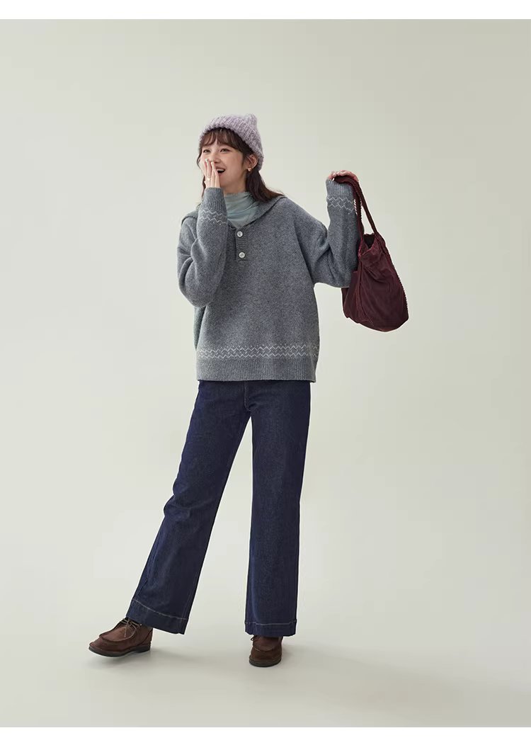 灰色提花海軍領毛衣女冬新款費爾島寬鬆長袖上衣,灰色提花海軍領毛衣女冬新款費爾島寬鬆長袖上衣,HBEW1191,灰色提花海軍領毛衣女冬新款費爾島寬鬆長袖上衣,海軍領,費爾島圖騰