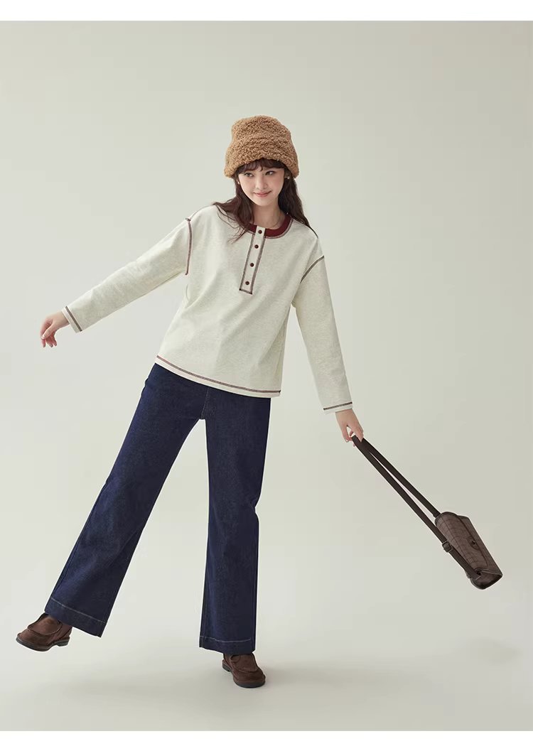 撞色反線落肩袖T恤女冬季新款半開扣圓領上衣,撞色反線落肩袖T恤女冬季新款半開扣圓領上衣,HBEW1192,撞色反線落肩袖T恤女冬季新款半開扣圓領上衣,半開排扣,舒適面料