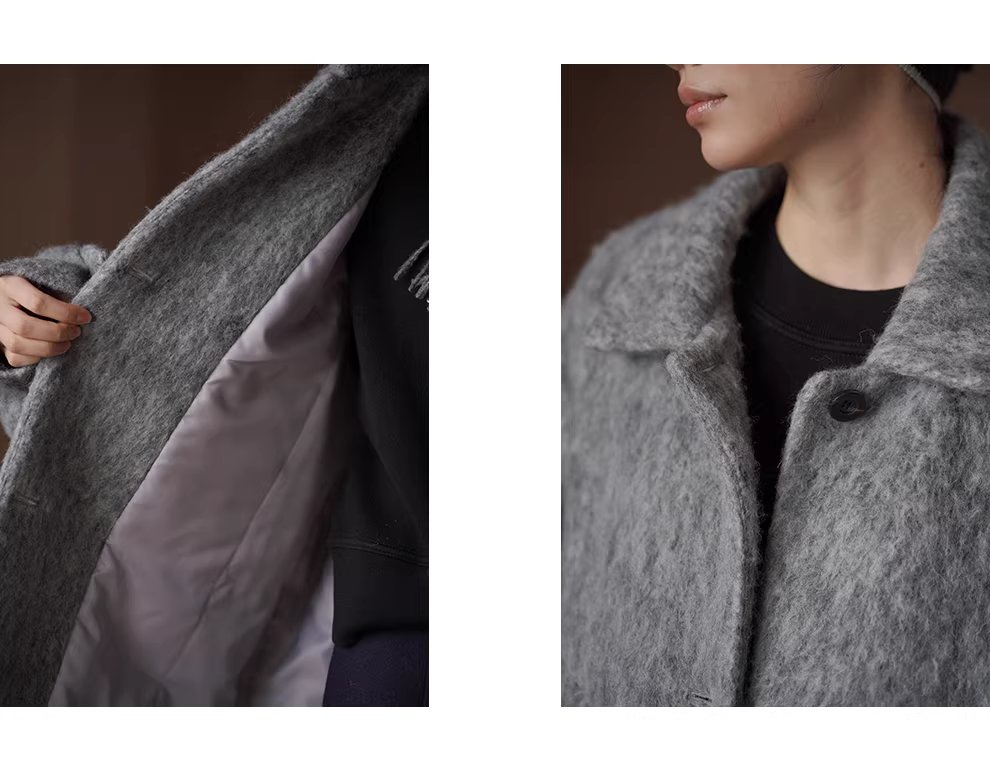 霧嵐星海羊毛混紡雜花灰翻領大衣中長款寬鬆絎棉外套女,霧嵐星海羊毛混紡雜花灰翻領大衣中長款寬鬆絎棉外套女,HBEW5131,霧嵐星海羊毛混紡雜花灰翻領大衣中長款寬鬆絎棉外套女,翻領排扣,羊毛混紡