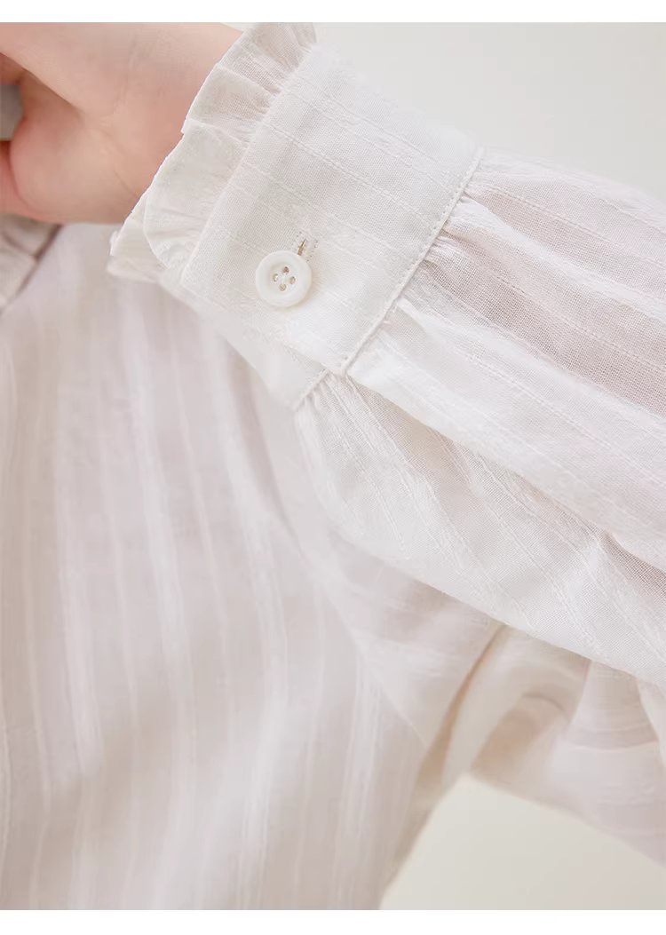 肌理感木耳邊娃娃領襯衫女春季新款純棉長袖上衣,肌理感木耳邊娃娃領襯衫女春季新款純棉長袖上衣,HBFS1003,肌理感木耳邊娃娃領襯衫女春季新款純棉長袖上衣,娃娃領,全棉面料