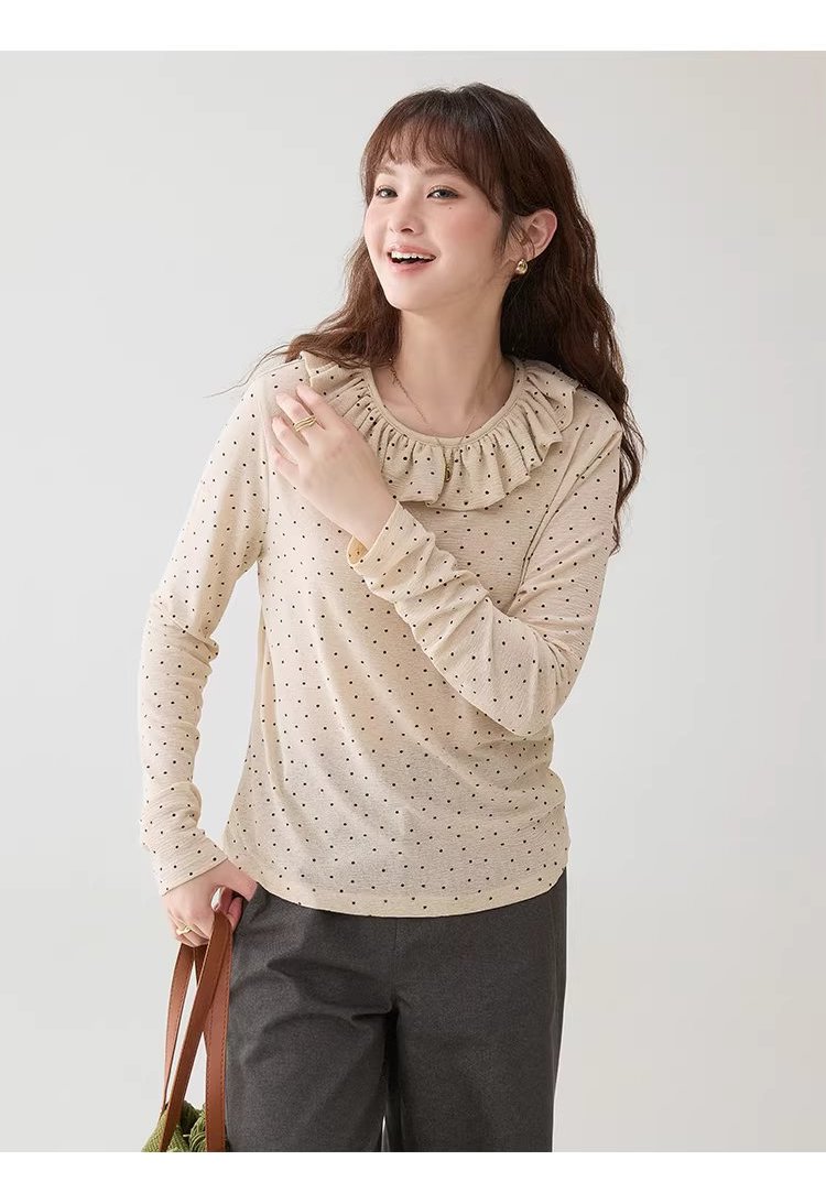 波點荷葉邊圓領T恤女春季新款薄款長袖內搭上衣,波點荷葉邊圓領T恤女春季新款薄款長袖內搭上衣,HBFS1010,波點荷葉邊圓領T恤女春季新款薄款長袖內搭上衣,荷葉邊領,復古波點