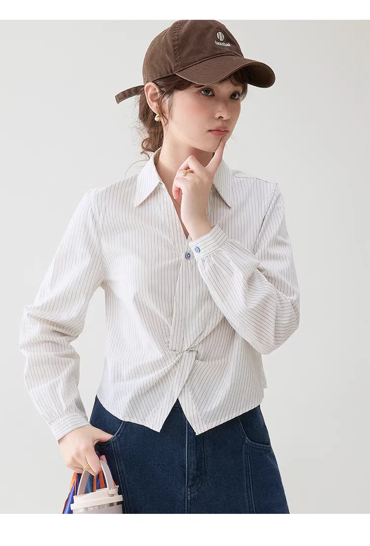 設計感扭結翻v領短襯衫女春季新款小眾條紋上衣,設計感扭結翻v領短襯衫女春季新款小眾條紋上衣,HBFS1034,設計感扭結翻v領短襯衫女春季新款小眾條紋上衣,V領造型,棉麻材質