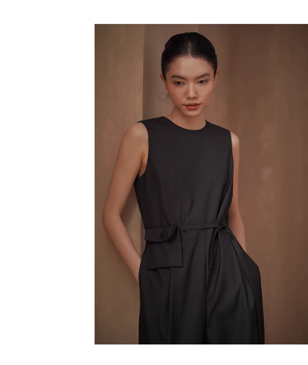 高級高智時髦無袖連身褲寬鬆顯瘦簡約立體口袋腰包長褲,高級高智時髦無袖連身褲寬鬆顯瘦簡約立體口袋腰包長褲,HBFS3012,高級高智時髦無袖連身褲寬鬆顯瘦簡約立體口袋腰包長褲,細膩啞光,調節腰帶