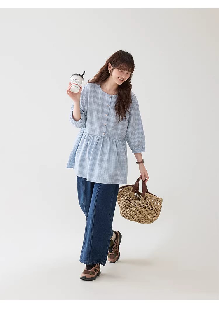 減齡八分袖純棉藍格襯衫女春新款寬鬆娃娃衫上衣,減齡八分袖純棉藍格襯衫女春新款寬鬆娃娃衫上衣,HBFS1039,減齡八分袖純棉藍格襯衫女春新款寬鬆娃娃衫上衣,清新格紋,全棉面料