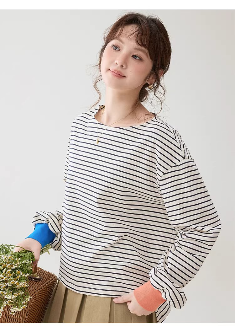 撞色條紋燈籠袖純棉T恤女春季新款寬鬆百搭上衣,撞色條紋燈籠袖純棉T恤女春季新款寬鬆百搭上衣,HBFS1042,撞色條紋燈籠袖純棉T恤女春季新款寬鬆百搭上衣,撞色拼接,全棉面料