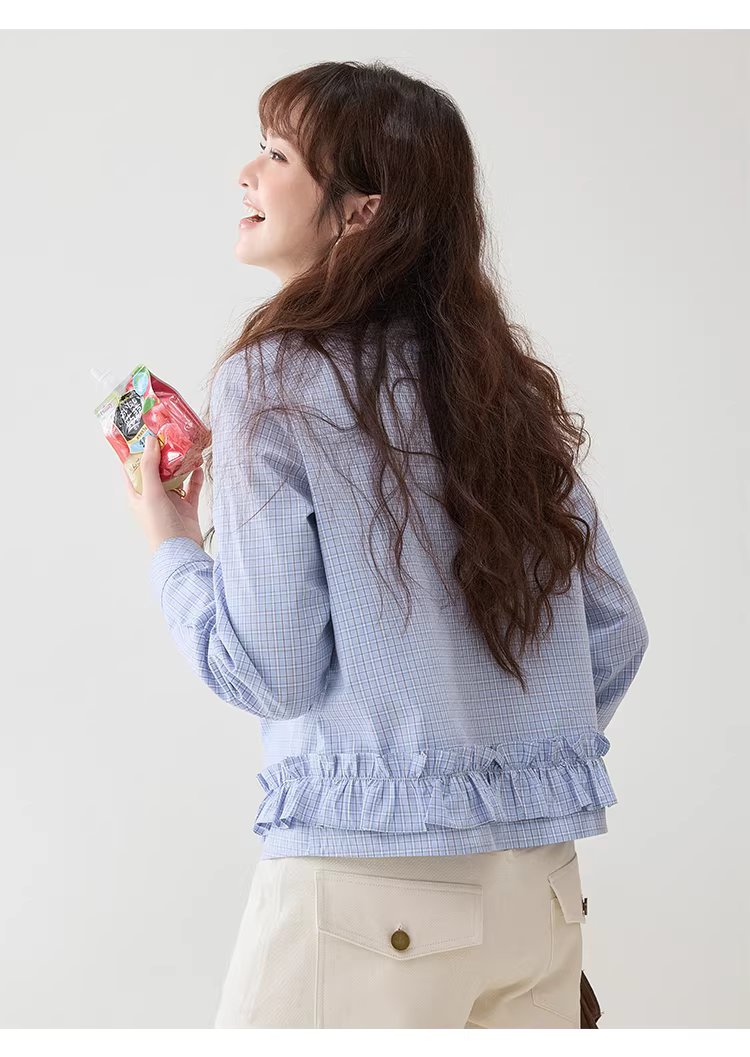 藍格荷葉邊娃娃領襯衫女春季新款純棉長袖短上衣,藍格荷葉邊娃娃領襯衫女春季新款純棉長袖短上衣,HBFS1049,藍格荷葉邊娃娃領襯衫女春季新款純棉長袖短上衣,荷葉衣襬,全棉面料