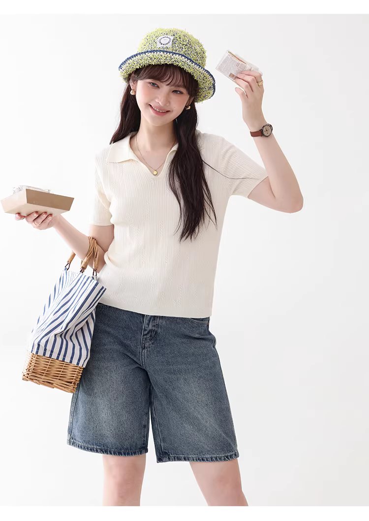 純色扭花翻V領短袖針織衫女26夏季新款溫柔顯瘦上衣,純色扭花翻V領短袖針織衫女26夏季新款溫柔顯瘦上衣,HBFS1054,純色扭花翻V領短袖針織衫女26夏季新款溫柔顯瘦上衣,V型翻領,修身版型