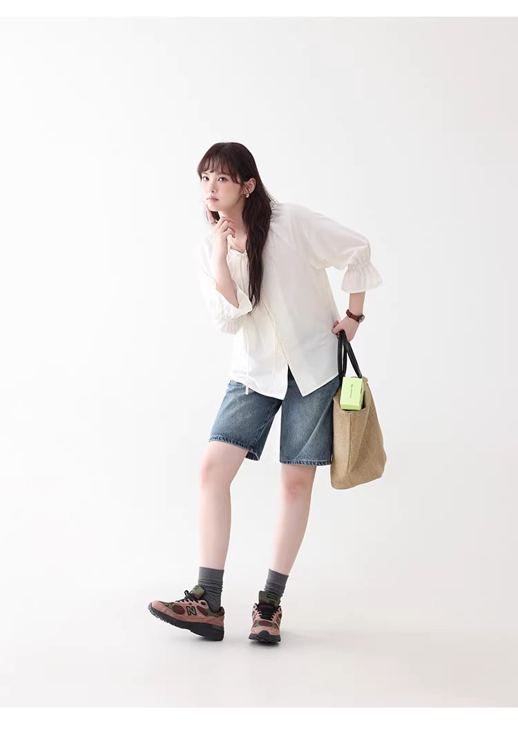 法式木耳邊綁帶V領襯衫女夏新款七分袖羈扣上衣,法式木耳邊綁帶V領襯衫女夏新款七分袖羈扣上衣,HBFS1055,法式木耳邊綁帶V領襯衫女夏新款七分袖羈扣上衣,法式甜美,木耳邊