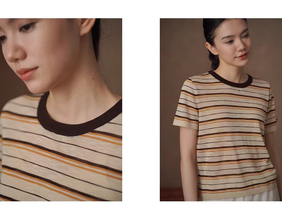 沙灘條紋超爽竹節麻紗線撞色圓領短袖寬鬆顯瘦針織上衣,沙灘條紋超爽竹節麻紗線撞色圓領短袖寬鬆顯瘦針織上衣,HBFS1095,沙灘條紋超爽竹節麻紗線撞色圓領短袖寬鬆顯瘦針織上衣,舒適清爽,撞色領口