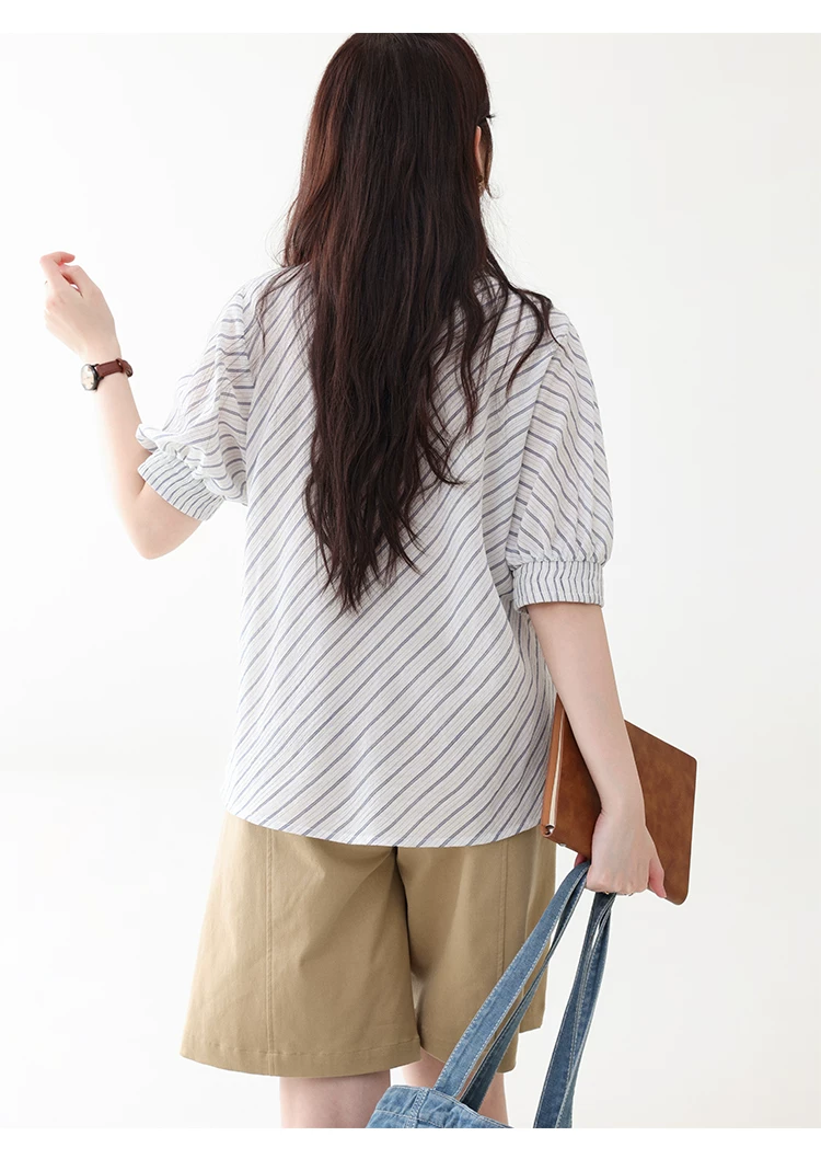 藍條紋v領木耳邊襯衫女夏季新款純棉五分袖上衣,藍條紋v領木耳邊襯衫女夏季新款純棉五分袖上衣,HBFS1098,藍條紋v領木耳邊襯衫女夏季新款純棉五分袖上衣,荷葉邊領,全棉面料