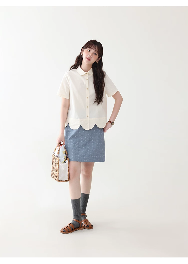 設計感波浪下擺純棉襯衫女夏新款減齡娃娃領上衣,設計感波浪下擺純棉襯衫女夏新款減齡娃娃領上衣,HBFS1112,設計感波浪下擺純棉襯衫女夏新款減齡娃娃領上衣,花邊衣襬,全棉面料