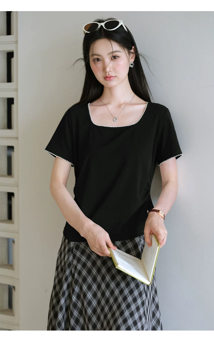 胖mm大尺碼女裝方領正肩短袖T恤女2026新款夏季法式黑色上衣,胖mm大尺碼女裝方領正肩短袖T恤女2026新款夏季法式黑色上衣,HBFS1167,胖mm大尺碼女裝方領正肩短袖T恤女2026新款夏季法式黑色上衣,方領設計,撞色拼接