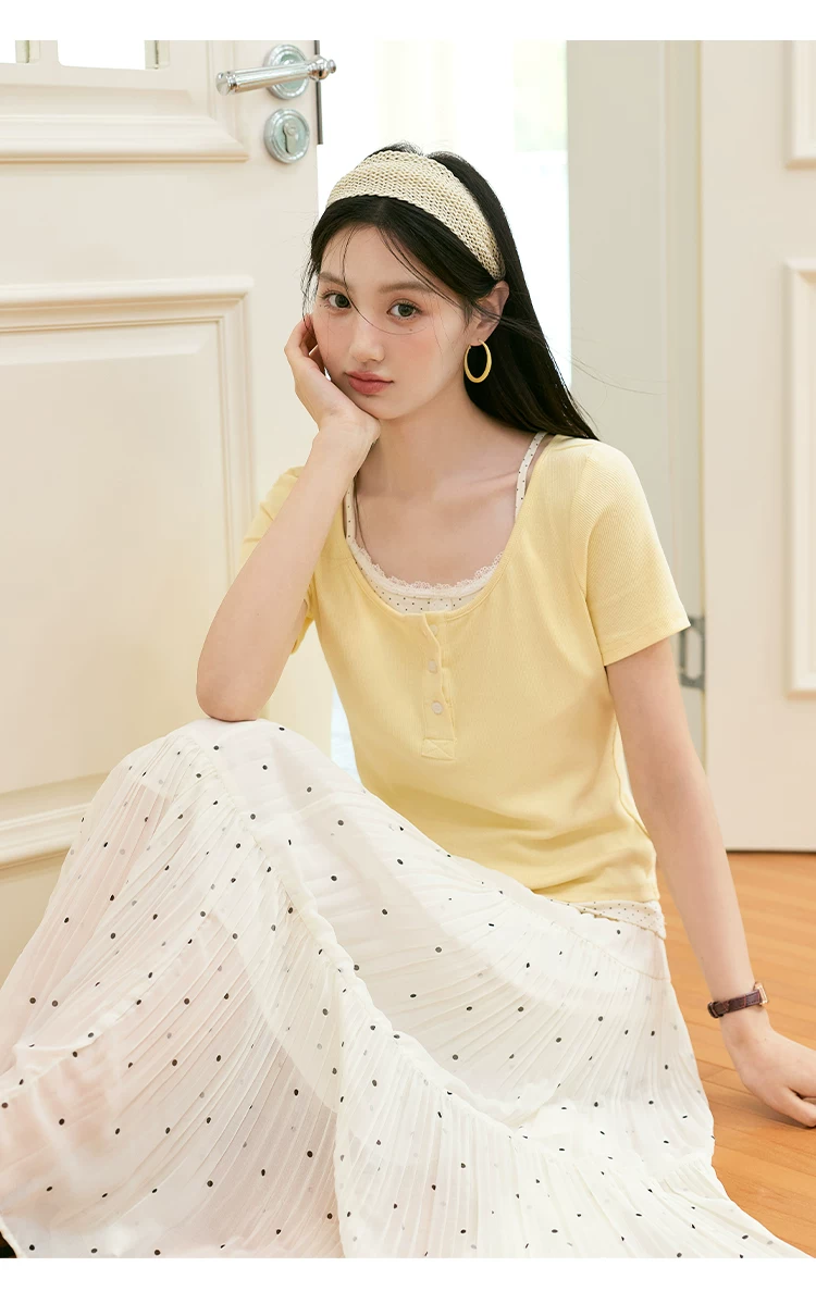 大尺碼波點吊帶拼接假兩件短袖T恤女夏2026新款絕美黃色上衣,大尺碼波點吊帶拼接假兩件短袖T恤女夏2026新款絕美黃色上衣,HBFS1229,大尺碼波點吊帶拼接假兩件短袖T恤女夏2026新款絕美黃色上衣,中大尺碼,假兩件式