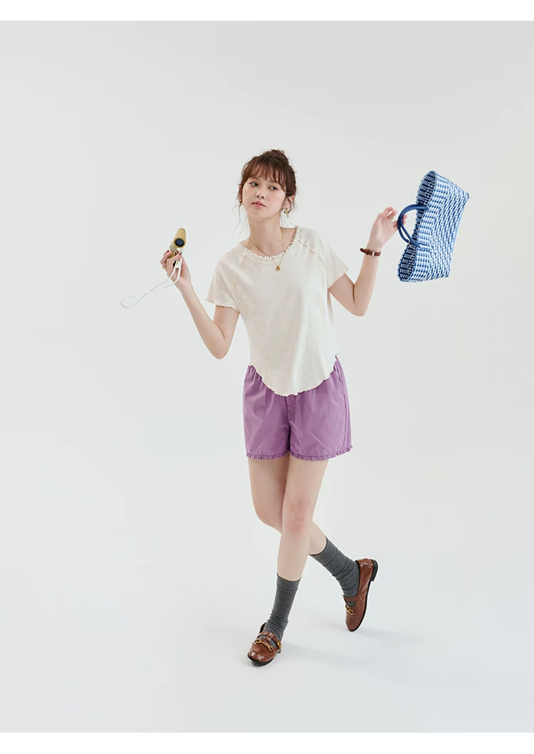 不規則花邊領彩點T恤女夏新款弧形下擺短袖上衣,不規則花邊領彩點T恤女夏新款弧形下擺短袖上衣,HBFS1250,不規則花邊領彩點T恤女夏新款弧形下擺短袖上衣,木耳邊,彩點面料