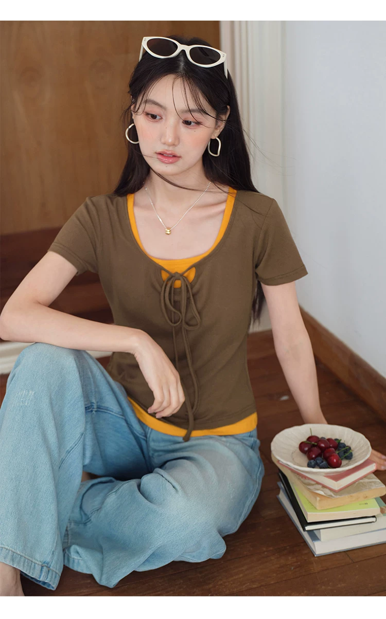大尺碼正肩短袖T恤女2026新款夏季穿搭洋氣假兩件繫帶u領上衣,大尺碼正肩短袖T恤女2026新款夏季穿搭洋氣假兩件繫帶u領上衣,HBFS1307,大尺碼正肩短袖T恤女2026新款夏季穿搭洋氣假兩件繫帶u領上衣,中大尺碼,撞色拼接