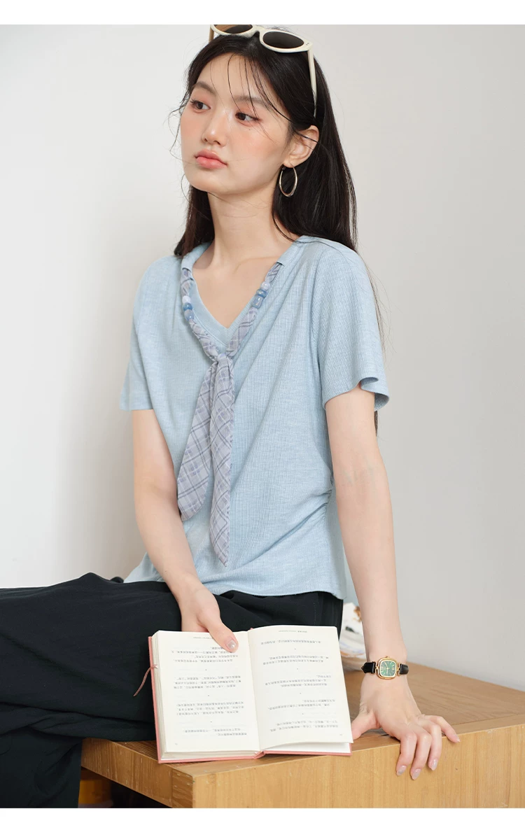 大尺碼法式飄帶V領短袖T恤女2026新款顯瘦夏裝正肩藍色上衣女,大尺碼法式飄帶V領短袖T恤女2026新款顯瘦夏裝正肩藍色上衣女,HBFS1313,大尺碼法式飄帶V領短袖T恤女2026新款顯瘦夏裝正肩藍色上衣女,中大尺碼,飄帶領結