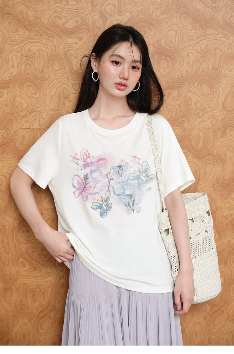 大尺寸胖mm夏裝蝴蝶印花白色短袖T恤女2026新款寬鬆正肩上衣,大尺寸胖mm夏裝蝴蝶印花白色短袖T恤女2026新款寬鬆正肩上衣,HBFS1315,大尺寸胖mm夏裝蝴蝶印花白色短袖T恤女2026新款寬鬆正肩上衣,中大尺碼,文青印花