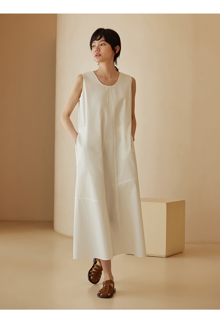 淡奶油細密高支100%棉腰帶包立體分割寬鬆無袖連身裙洋裝