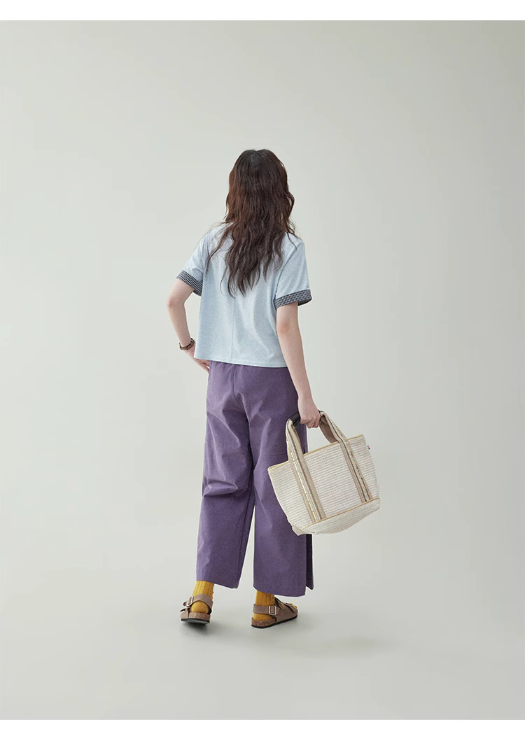 紫色鬆緊高腰寬腿休閒褲女夏季新款小眾寬鬆長褲